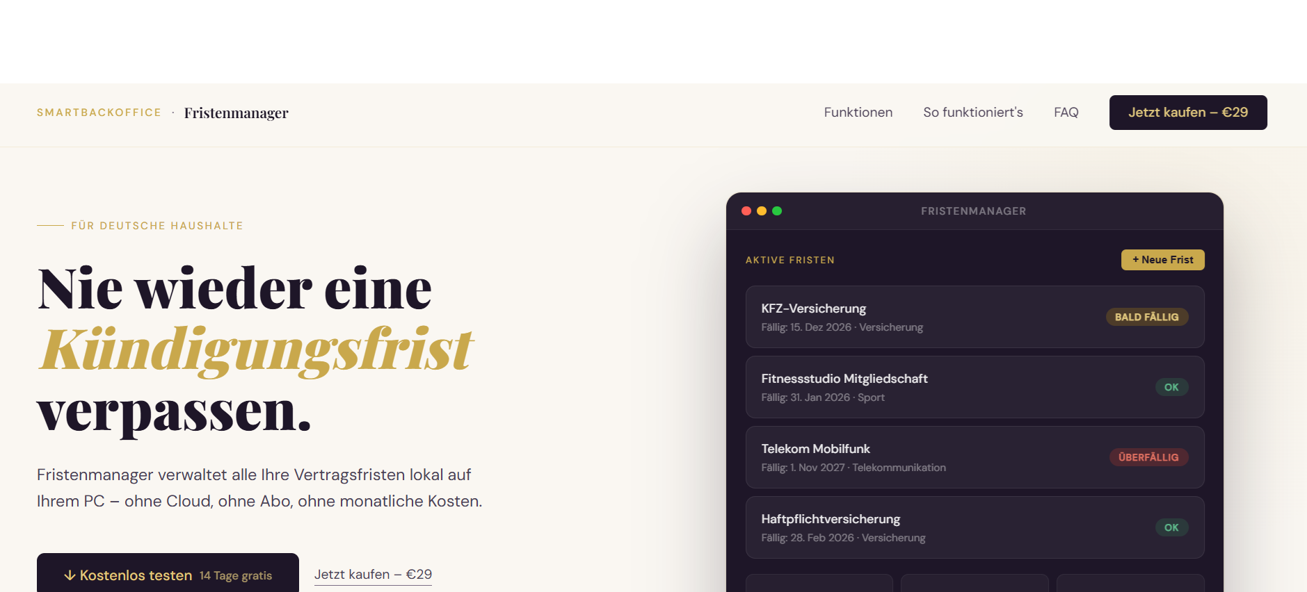 Fristenmanager landing page — dark-themed hero with the headline "Nie wieder eine Kündigungsfrist verpassen" next to a preview of the desktop app showing active deadlines