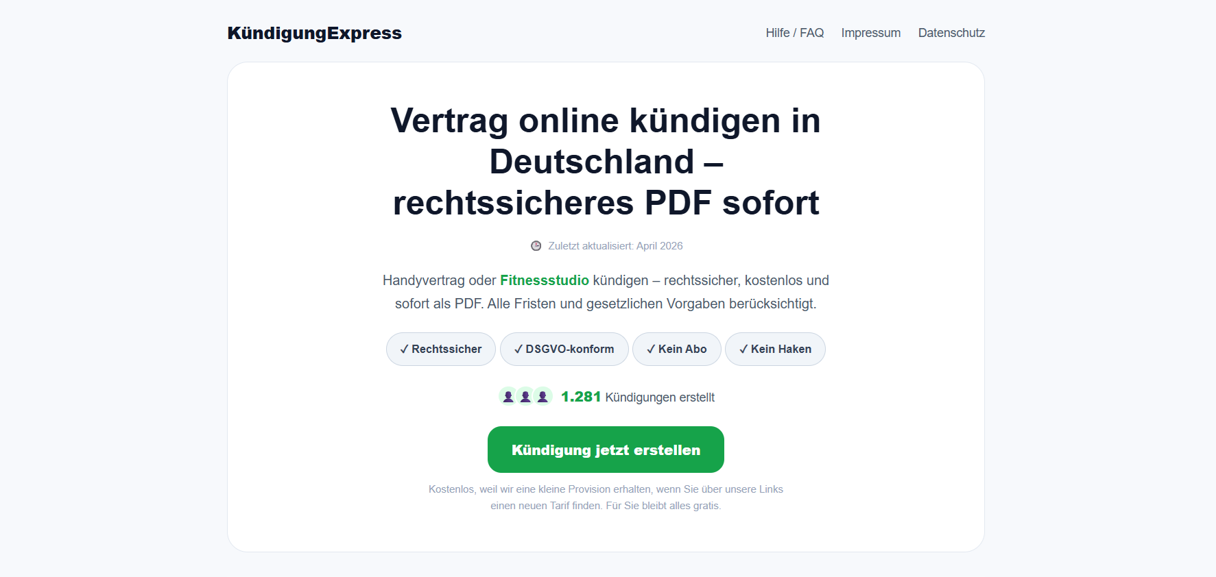 Kündigungsexpress landing page — large heading "Vertrag online kündigen in Deutschland" above a green primary CTA and social proof showing 1,281 cancellation letters generated