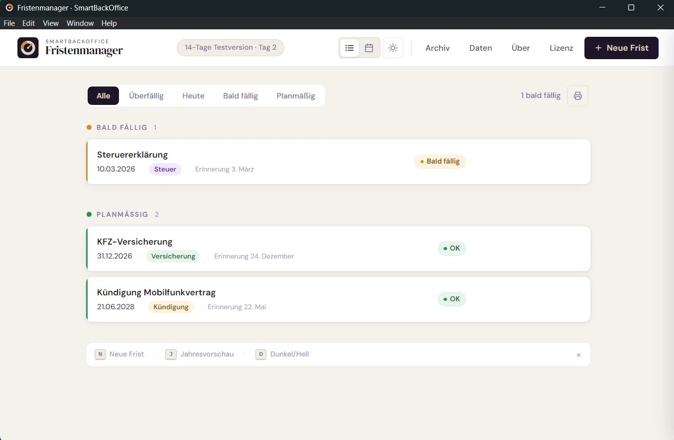 Fristenmanager App &ndash; Listenansicht