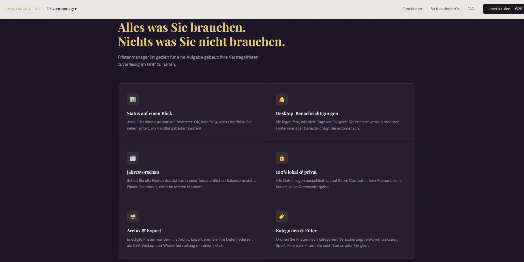 Fristenmanager &ndash; Features Grid Offline & Datenschutz