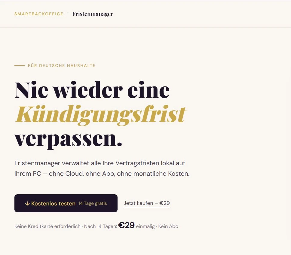 Fristenmanager &ndash; Hero Section mit Trial-First CTA