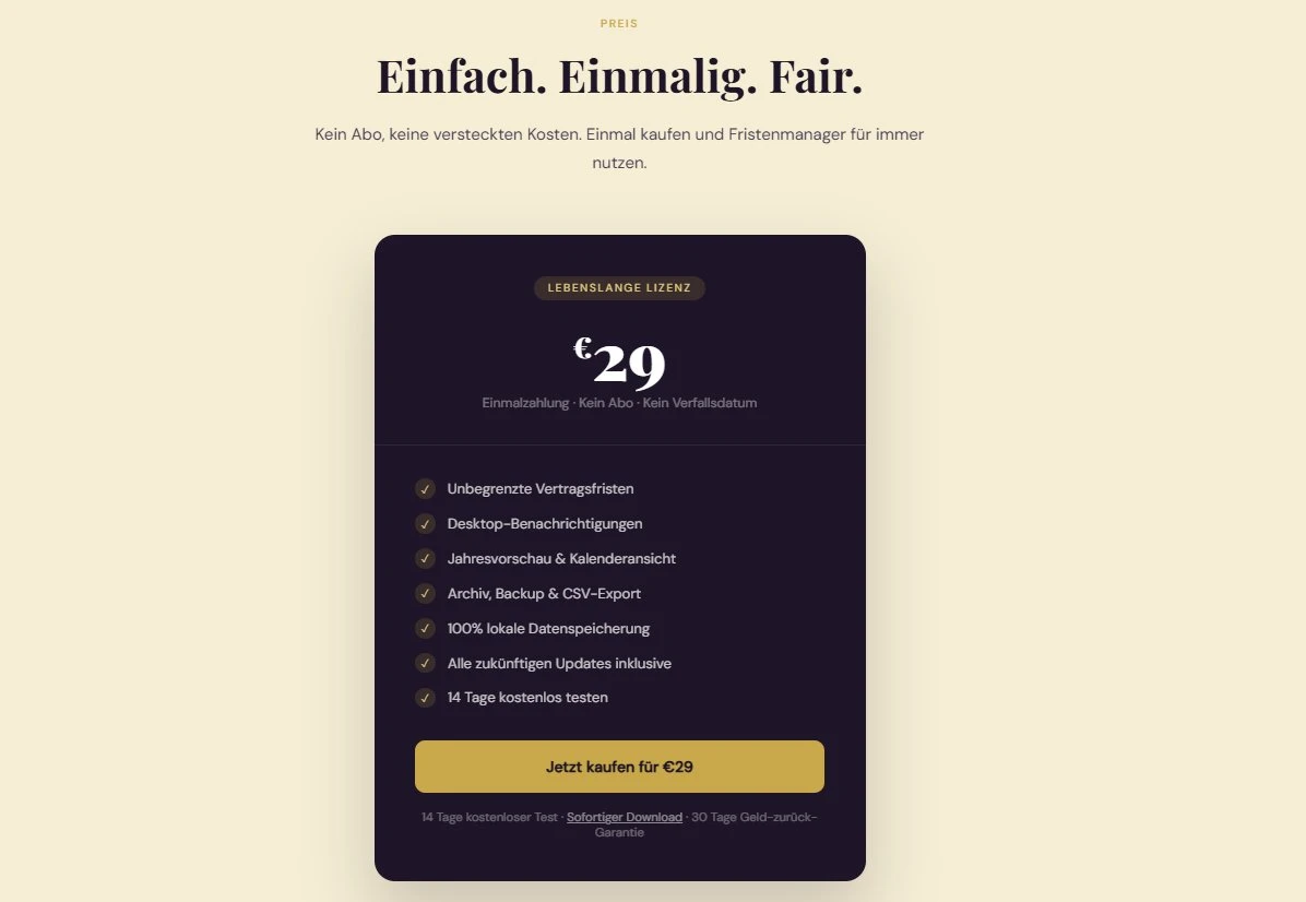Fristenmanager &ndash; Preisseite Einmalkauf &euro;29