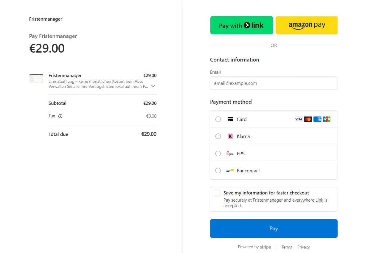 Stripe Payment Link &ndash; Fristenmanager Kaufprozess
