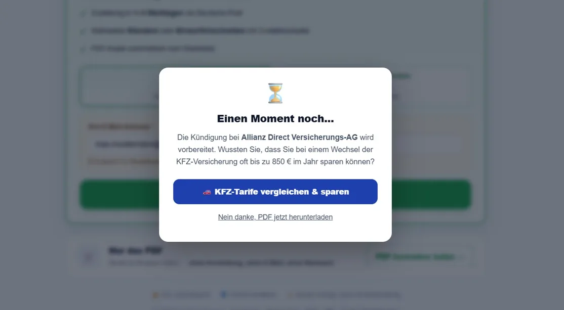 Kündigungsseite mit Anleitung und Weg zum kostenlosen PDF