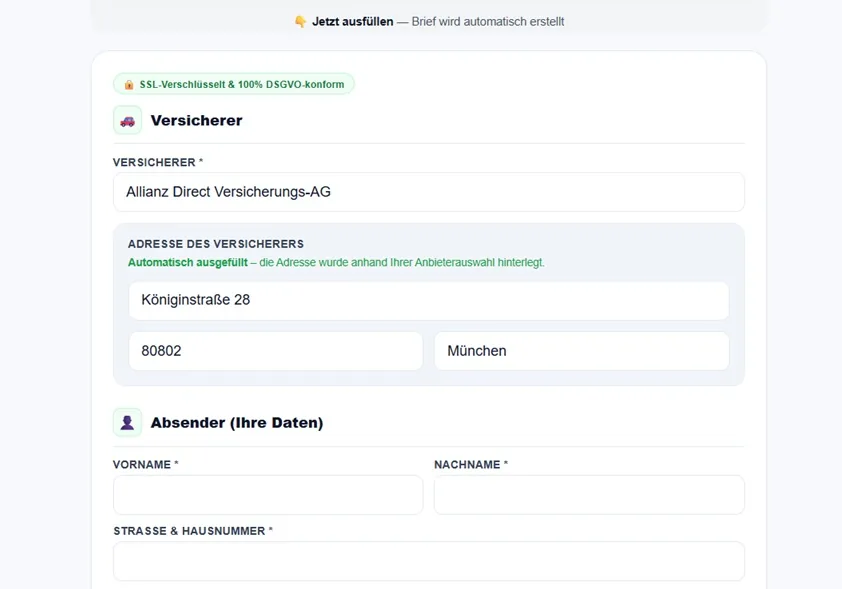 Formular Kündigungexpress - Dateneingabe