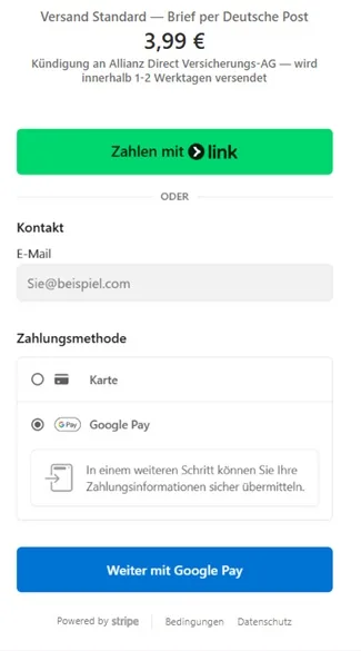 Stripe-Checkout am Handy – Zahlung des Versand-Service