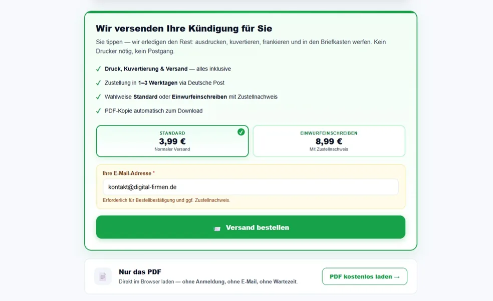Transparente Preisgestaltung auf KündigungExpress
